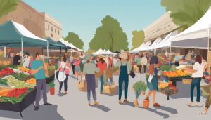 an image of a farmer's market in Brentwood CA bustling with vendors selling fresh produce, flowers, and homemade goods. Include people browsing, sampling food, and enjoying live music.