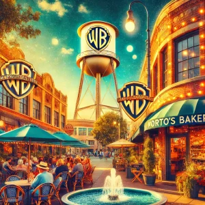 an image showcasing the iconic Warner Bros. Studio water tower, the vintage shops on Magnolia Boulevard, and the vibrant outdoor dining scene at Porto's Bakery in Burbank, CA.