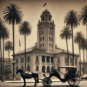 an image showcasing a vintage black-and-white photograph of the original Burbank City Hall building surrounded by tall palm trees, with a horse-drawn carriage passing by, capturing the historical charm of Burbank, CA.