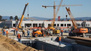 Construction workers operating cranes and heavy machinery at a large building project site in Campbell, California, with blue skies and mountains in the background.