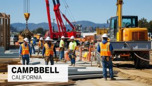 Construction crew in bright safety gear working on a development project in Campbell, California, surrounded by cranes and construction materials.