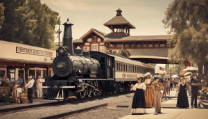 Historic train station in Campbell, California, showcasing a vintage steam locomotive and visitors dressed in period attire at a local heritage event.