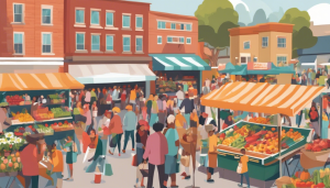 Vibrant farmers market in downtown Campbell, California, featuring fresh produce stalls, colorful canopies, and a bustling crowd of visitors.