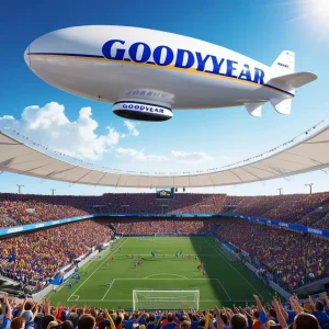 an image of the iconic Goodyear Blimp flying over the StubHub Center, showcasing the vibrant sports and entertainment hub in Carson, CA. Include fans cheering during a soccer match.