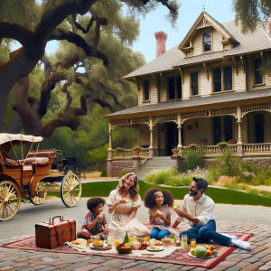 an image of a historic Victorian-style house in Carson, CA surrounded by lush gardens and old oak trees. Include a vintage carriage in the driveway and a family enjoying a picnic on the front lawn.