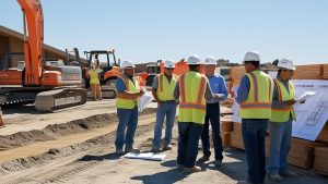 Construction workers in safety vests and hard hats discussing project plans at an active construction site in Ceres, California, with heavy machinery in the background.