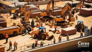 Large-scale construction site in Ceres, California, featuring heavy machinery, workers in safety gear, and building materials as part of a dynamic infrastructure project.