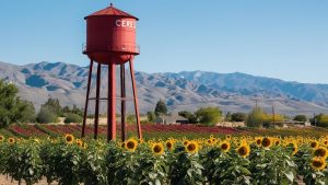 Iconic red water tower labeled 'Ceres' overlooking a vibrant sunflower field with mountains in the background, symbolizing the natural beauty of Ceres, California.