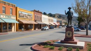 Historic downtown Ceres, California, with colorful storefronts, a statue in the foreground, and a scenic hillside in the background, showcasing the charm of this growing community.