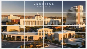 Modern cityscape of Cerritos, California, highlighting the Cerritos library and nearby office buildings during golden hour.