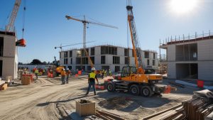 Construction site in Cerritos, California, featuring cranes, construction workers, and partially completed buildings under a clear blue sky