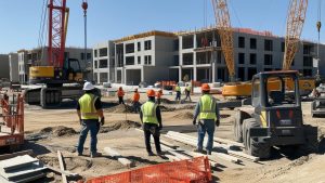 A busy construction area in Cerritos, California, with workers in safety vests and hard hats collaborating on a large-scale building project.