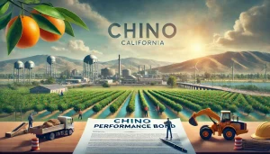 Representation of performance bonds in Chino, California, featuring a modern construction site with workers, equipment, and a document labeled 'Performance Bond' against a background of citrus groves and rolling fields.