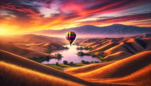 Colorful hot air balloon floating over the rolling hills and serene lake of Prado Regional Park in Chino, California, during a vibrant sunrise with distant mountains in the background.