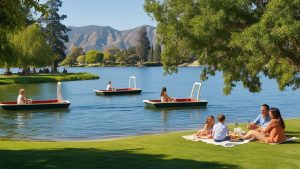 Peaceful outdoor scene at a lake in Chino Hills, California, with families enjoying picnics on the grass and paddleboats on the water, surrounded by lush greenery and mountains.