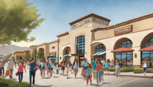 an image showcasing the Chino Hills community center, bustling shopping district with local boutiques, and scenic rolling hills in the background. Highlight the city's charm and vibrant atmosphere.