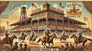 an image showcasing the iconic Clovis Rodeo Grounds with historical architecture, vintage rodeo posters, and cowboys riding horses to illustrate the rich history of Clovis, CA.