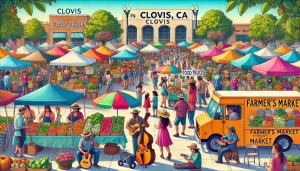 Create an image of a bustling farmer's market in Clovis, CA with colorful stalls selling fresh produce, handmade goods, and food trucks. Include people browsing, live music, and a sunny sky overhead.