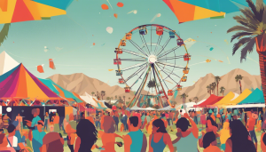 A vibrant festival scene in Coachella, California, featuring a Ferris wheel, colorful tents, and lively crowds, with a backdrop of mountains and palm trees.