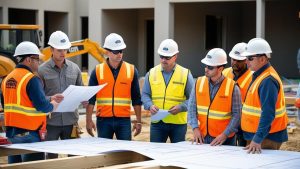 Group of construction professionals in high-visibility vests and hard hats reviewing blueprints at a worksite in Colton, California, emphasizing teamwork and project planning.