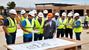 Construction team led by a supervisor discussing project plans at a Colton, California worksite, highlighting collaboration and leadership in the field.