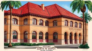 Historic Santa Fe Depot in Colton, California, featuring iconic Spanish Revival architecture with red-tiled roofs and palm trees.