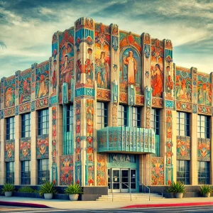 an image showcasing the iconic WPA-built Compton Post Office, adorned with its distinctive Art Deco architecture, colorful murals, and historical significance as a symbol of community pride and heritage in Compton, CA.