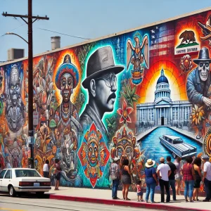 an image of the vibrant street art scene in Compton, CA. Show colorful murals depicting local culture and history, along with visitors admiring the artwork.