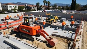 Construction site in Covina, California, featuring workers in orange safety gear, heavy machinery including a Covina-branded excavator, and residential housing in the background.