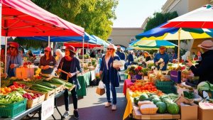 Vibrant farmers market in Covina, California, showcasing colorful produce stands, shoppers in casual clothing, and umbrellas creating a lively community atmosphere.