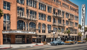 Historic Culver City, California, building with vintage cars parked in front and a marquee sign displaying the name of the city.