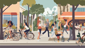 Artistic illustration of a lively street scene in Culver City, California, with people walking, biking, and enjoying outdoor activities in a vibrant neighborhood setting.