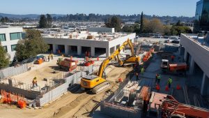 Construction site in Cupertino, California with workers, heavy machinery, and partially constructed buildings, highlighting active commercial development.