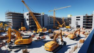 Modern construction site in Cupertino, California featuring multiple cranes, excavators, and scaffolding around a large commercial project.