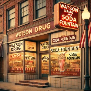 an image of the iconic "Watson Drug and Soda Fountain" in Orange, CA. Show the vintage exterior with a neon sign, red brick facade, and classic storefront details.