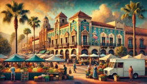 an image showcasing the historic Orange Plaza, lined with charming vintage buildings, vibrant street art, and bustling farmers' market stalls, capturing the cultural essence of Orange, CA.