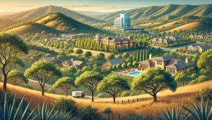 an image showcasing the picturesque landscape of Thousand Oaks, CA, with rolling hills, oak trees, and a serene neighborhood setting. Include a glimpse of the city's modern architecture and vibrant community.