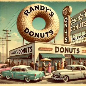 an image featuring the iconic Randy's Donuts in Inglewood, CA, showcasing its historical significance as a landmark in the city's past. Include vintage cars and nostalgic elements to evoke a sense of history.