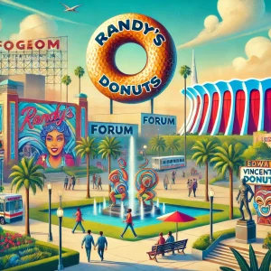 an image showcasing landmarks and attractions in Inglewood, CA like the iconic Randy's Donuts, The Forum entertainment venue, and Edward Vincent Jr. Park with its vibrant murals and sculptures.