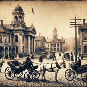 an image of a vintage black-and-white photograph of Fairfield, CA, showcasing historical landmarks like the Old County Courthouse and the Suisun-Fairfield train station. Include horse-drawn carriages and Victorian architecture.