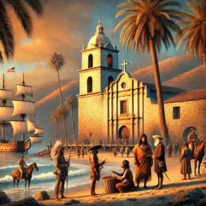 an image showing a historic Spanish mission with a bell tower overlooking a palm-lined beach in San Buenaventura (Ventura) CA. Include a vintage ship in the background and native Chumash people trading with explorers.