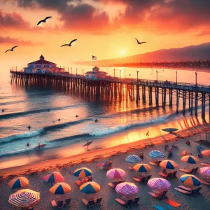 an image showcasing the iconic Ventura Pier stretching over the Pacific Ocean at sunset. Include colorful beach umbrellas, surfers catching waves, and seagulls flying overhead.