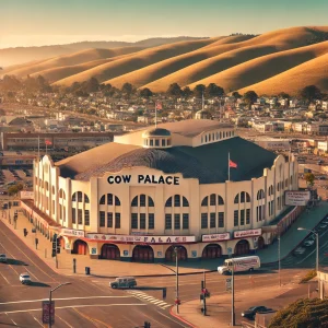 an image of the iconic Cow Palace in Daly City, CA, showcasing the unique architecture and history of the venue. Include the rolling hills in the background under a clear blue sky.