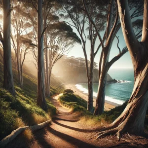 an image showcasing a hidden gem in Daly City, CA. Include a serene hiking trail surrounded by tall eucalyptus trees, leading to a secluded beach with a view of the Pacific Ocean.