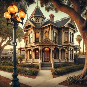 an image featuring the iconic Knox House in El Cajon, CA, showcasing its Victorian architecture and historical significance. Include surrounding heritage trees and a vintage street lamp for a nostalgic touch.