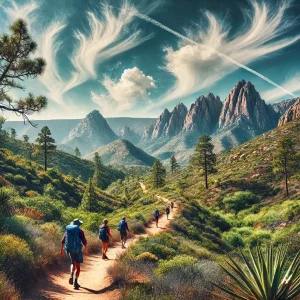 an image of hikers trekking through the scenic trails of El Cajon CA, with towering mountains in the background, lush greenery, and clear blue skies overhead. Capture the essence of outdoor adventures in this picturesque setting.