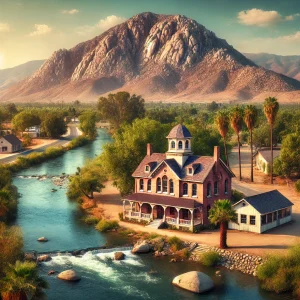 an image showcasing Jurupa Valley, CA's historical landmarks like the Old Granite Schoolhouse and the Jurupa Valley Historical Society Museum, set against the backdrop of the Santa Ana River and Mount Rubidoux.