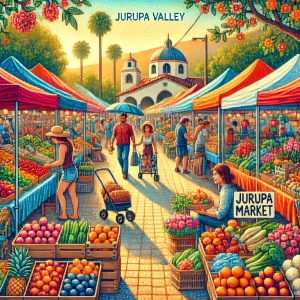 an image for a blog post about Things to Do and See in Jurupa Valley, CA. Show a vibrant farmers market with colorful stalls, fresh produce, local handmade crafts, and lively community interactions.