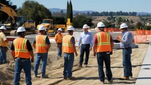 Construction crew wearing safety vests and helmets at a project site in Danville, California, discussing performance bonds for construction projects with heavy machinery in the background.