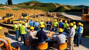 Construction project managers and workers in hard hats meeting at a site in Danville, California, with excavation equipment and scenic hills in the background.